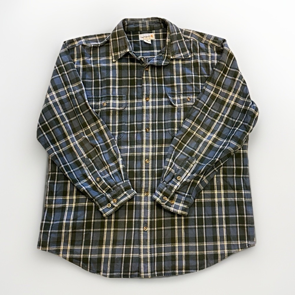 CARHARTT  Men's XL Flannel Shirt Blue Plaid Long Sleeve Button Up‎ 100% Cotton